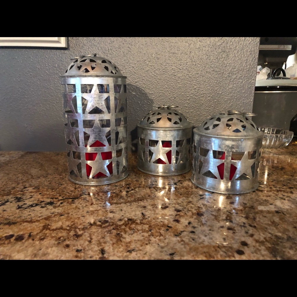 Americana Vintage Tin Star Cutout Lantern Set of 3 – Punched Metal Light Holders